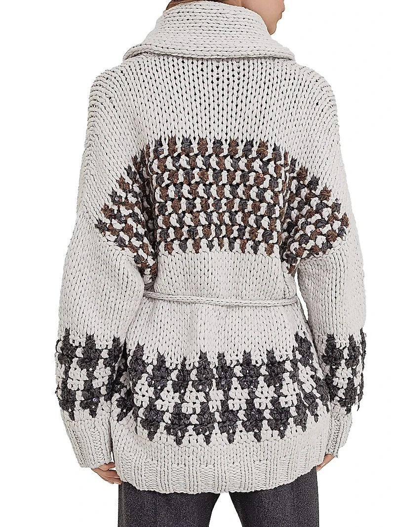 Handmade Prince of Wales Crochet Opera Cardigan in Cashmere, Cotton and Alpaca with Belt