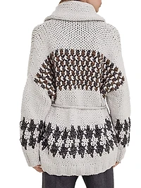 Handmade Prince of Wales Crochet Opera Cardigan in Cashmere, Cotton and Alpaca with Belt