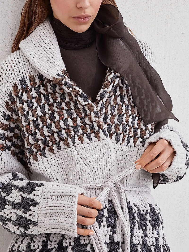 Handmade Prince of Wales Crochet Opera Cardigan in Cashmere, Cotton and Alpaca with Belt