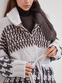 Handmade Prince of Wales Crochet Opera Cardigan in Cashmere, Cotton and Alpaca with Belt