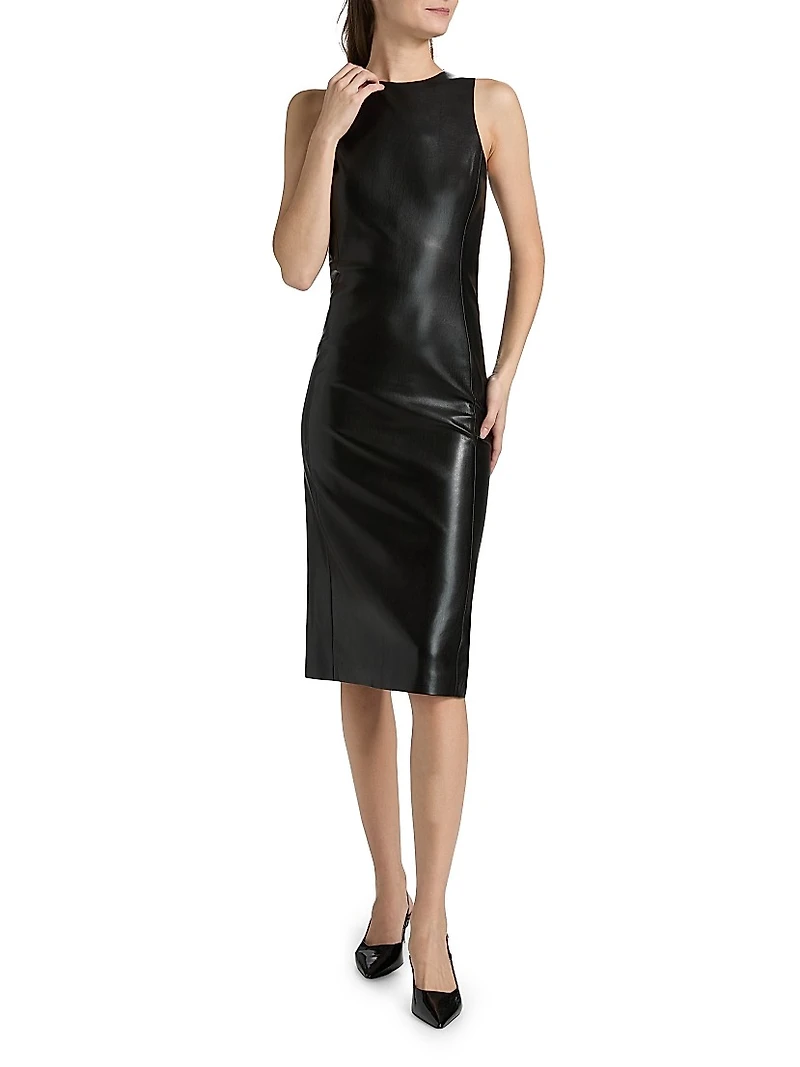 Wynell Velvet Bow-Detail Faux-Leather Midi-Dress