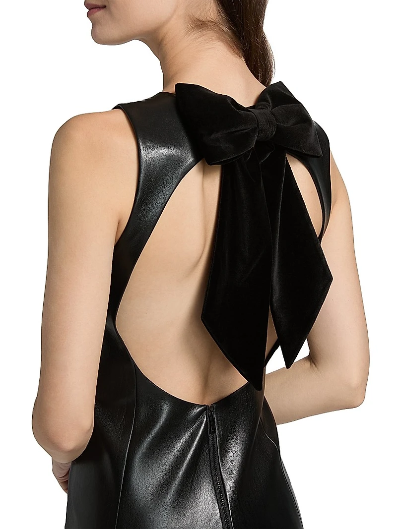 Wynell Velvet Bow-Detail Faux-Leather Midi-Dress