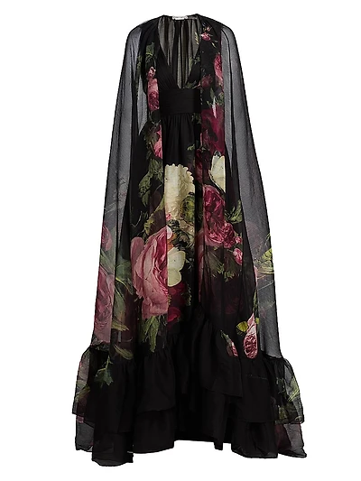 Roya Floral Cape-Back Gown