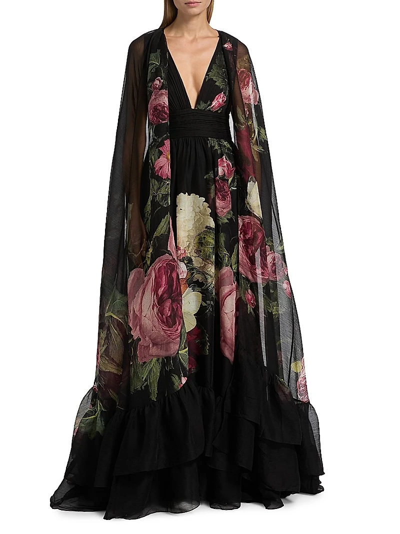 Roya Floral Cape-Back Gown
