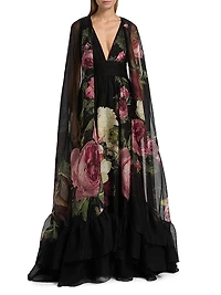 Roya Floral Cape-Back Gown