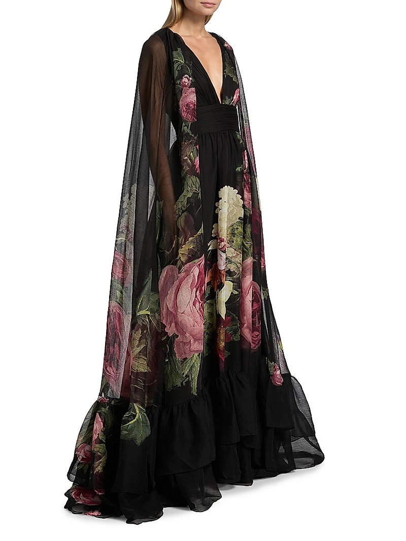 Roya Floral Cape-Back Gown