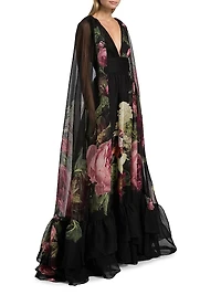 Roya Floral Cape-Back Gown