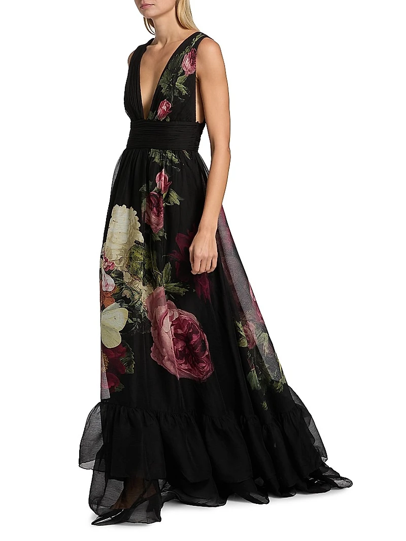 Roya Floral Cape-Back Gown