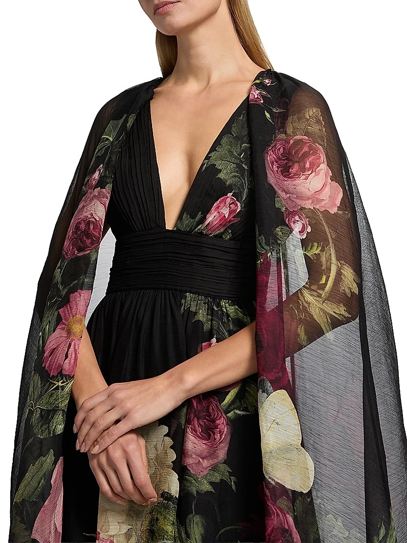 Roya Floral Cape-Back Gown