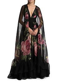 Roya Floral Cape-Back Gown