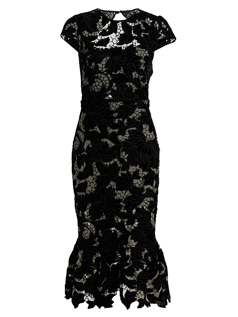 Clover Velvet Floral Lace Open-Back Midi-Dress