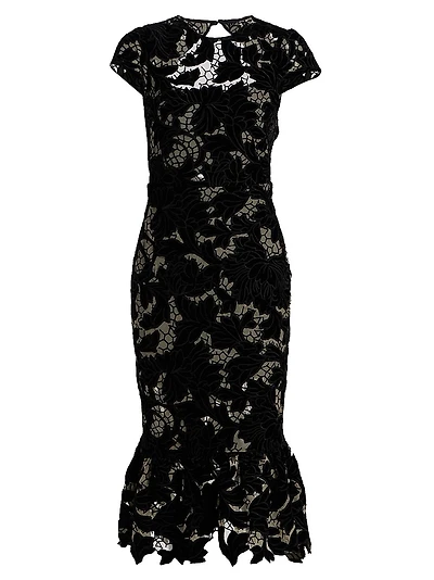 Clover Velvet Floral Lace Open-Back Midi-Dress