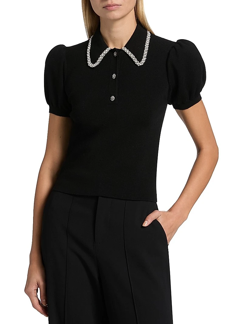 Ramona Imitation Pearl- & Crystal-Embellished Polo Sweater