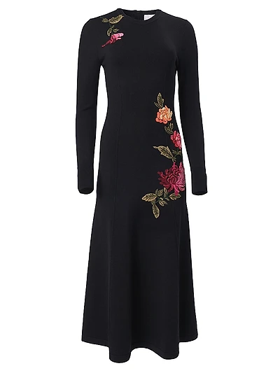 Chrysanthemum-Embroidered Wool & Silk-Blend Midi-Dress