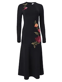 Chrysanthemum-Embroidered Wool & Silk-Blend Midi-Dress