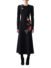 Chrysanthemum-Embroidered Wool & Silk-Blend Midi-Dress