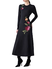 Chrysanthemum-Embroidered Wool & Silk-Blend Midi-Dress