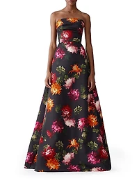 Chrysanthemum-Print Strapless A-Line Gown