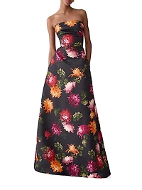 Chrysanthemum-Print Strapless A-Line Gown