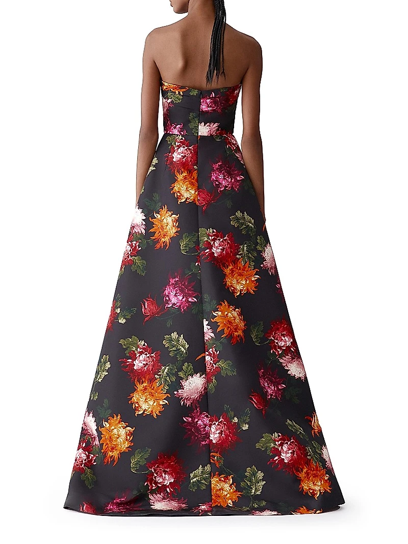 Chrysanthemum-Print Strapless A-Line Gown