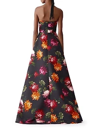 Chrysanthemum-Print Strapless A-Line Gown
