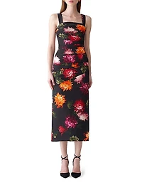 Chrysanthemum-Print Draped Cocktail Dress