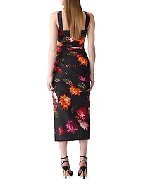 Chrysanthemum-Print Draped Cocktail Dress