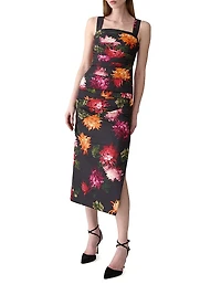 Chrysanthemum-Print Draped Cocktail Dress