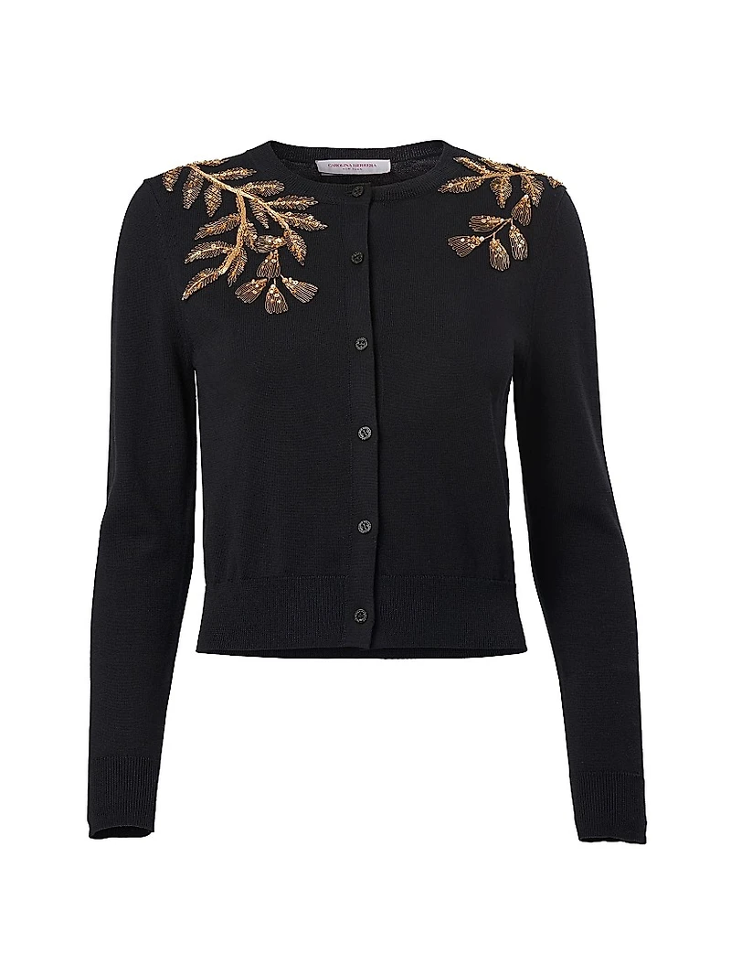 Embellished Leaf-Embroidered Silk-Cotton Cardigan