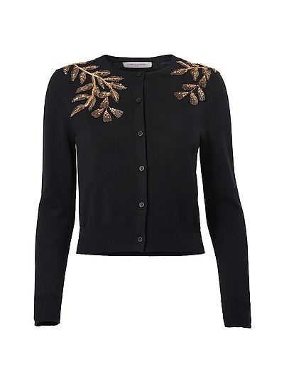 Embellished Leaf-Embroidered Silk-Cotton Cardigan