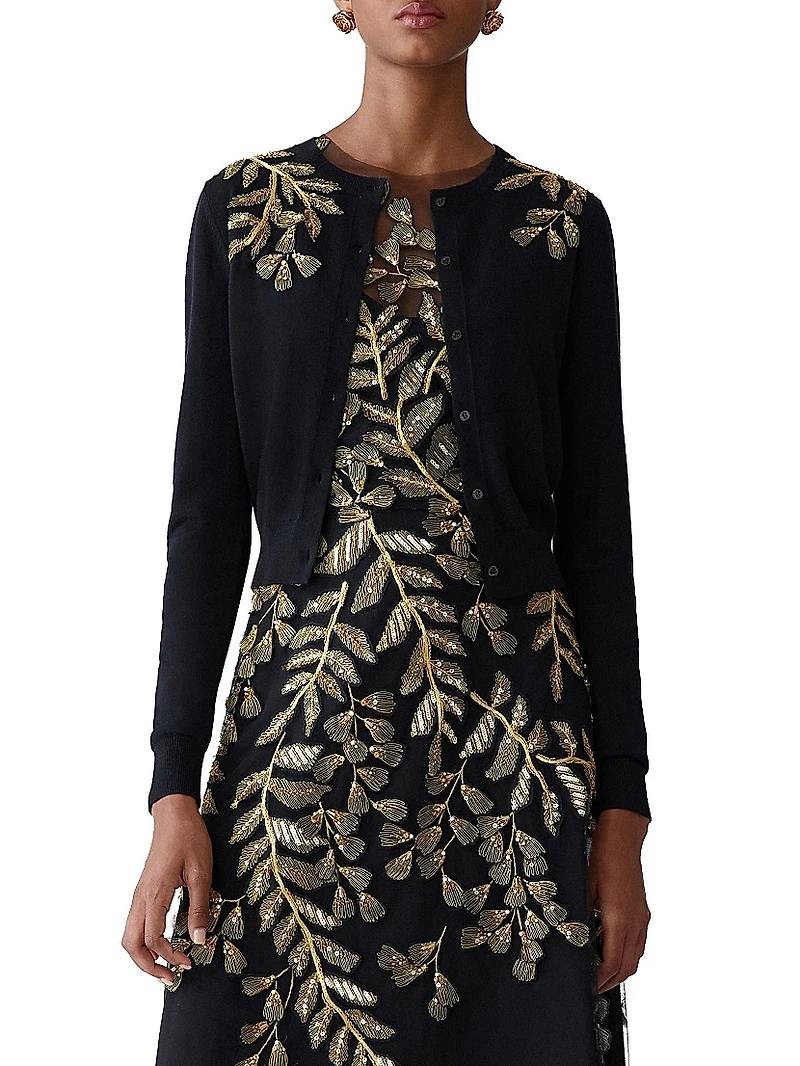 Embellished Leaf-Embroidered Silk-Cotton Cardigan