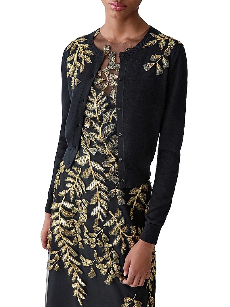 Embellished Leaf-Embroidered Silk-Cotton Cardigan