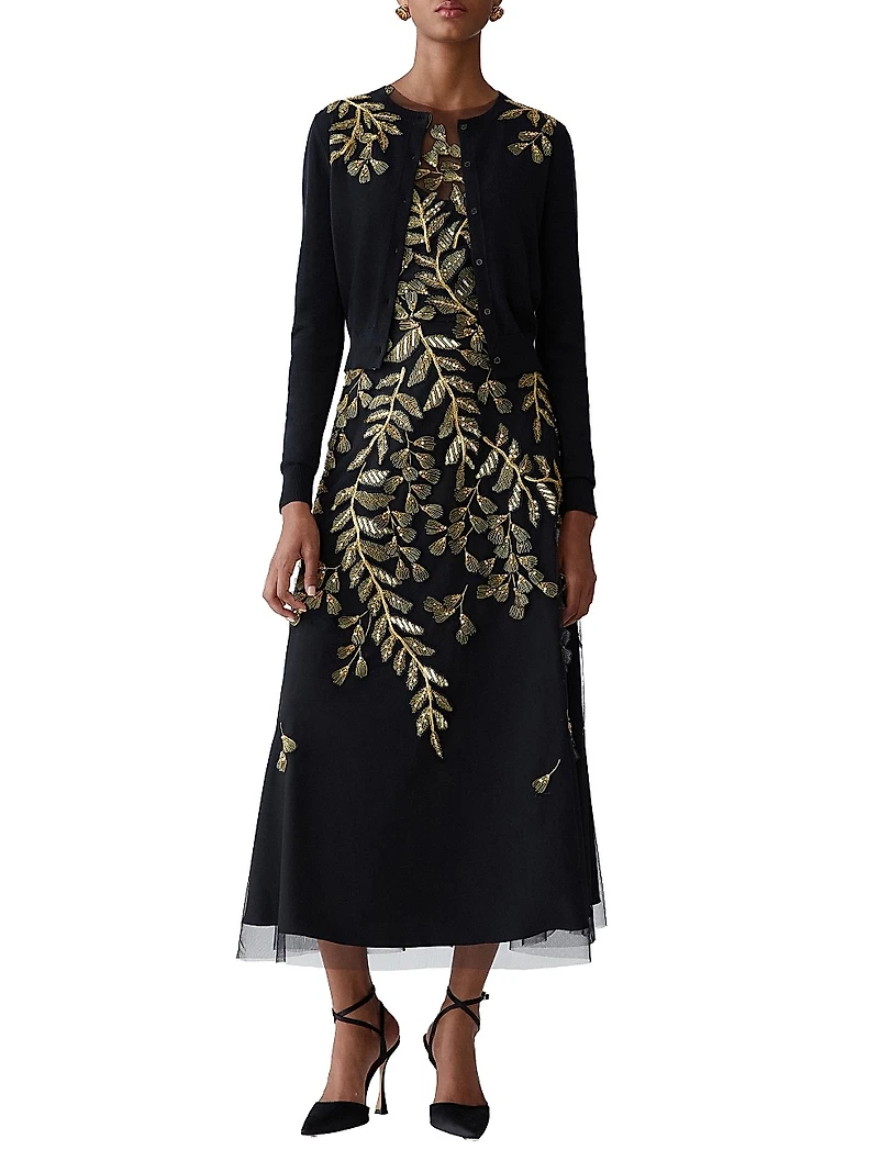 Embellished Leaf-Embroidered Silk-Cotton Cardigan