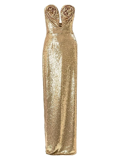 Sequined Rosette U-Neck Column Gown