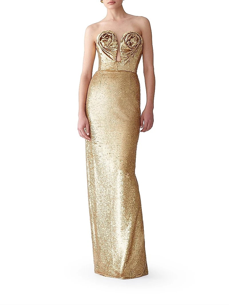 Sequined Rosette U-Neck Column Gown