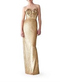 Sequined Rosette U-Neck Column Gown