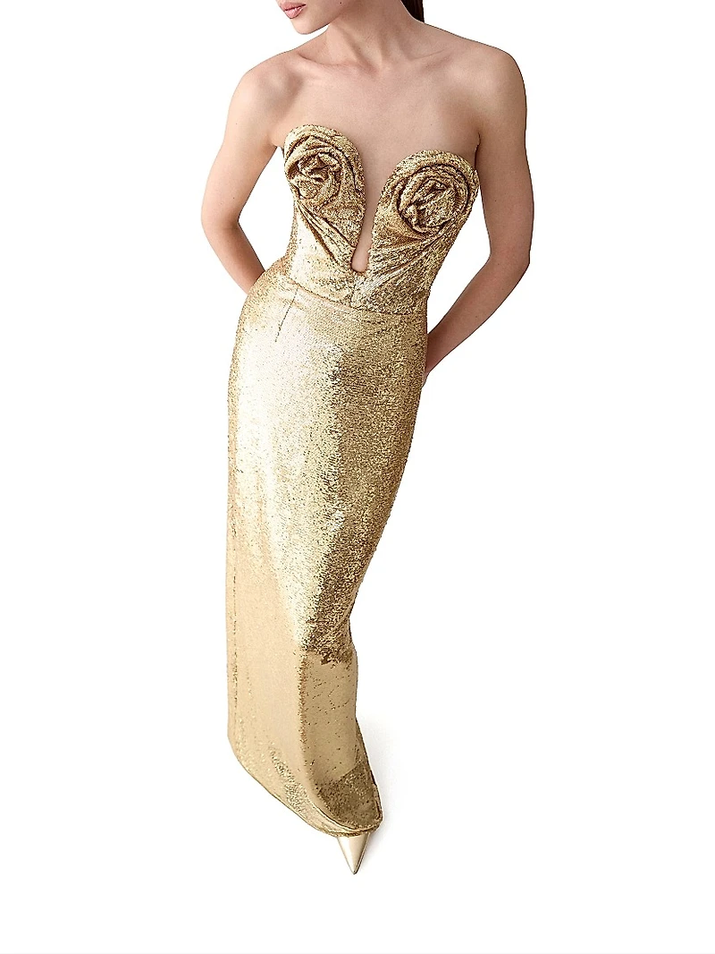 Sequined Rosette U-Neck Column Gown