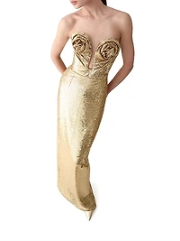 Sequined Rosette U-Neck Column Gown