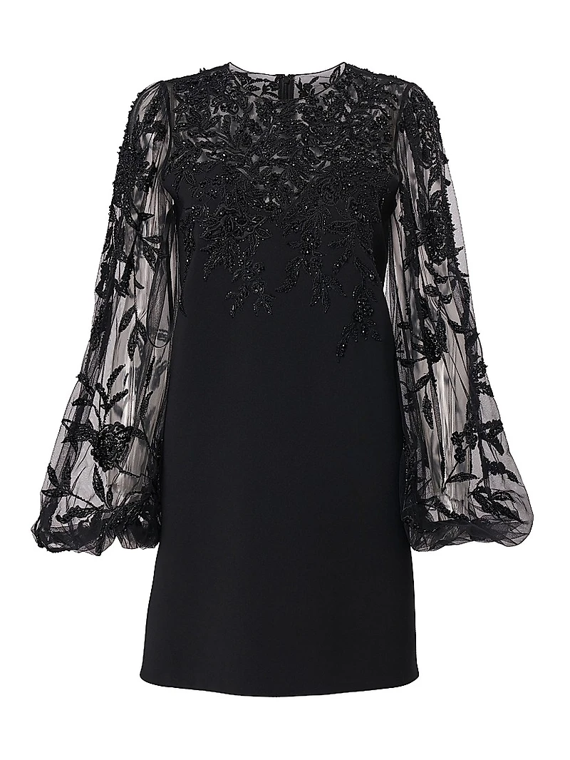 Embellished Lace Puff-Sleeve Cocktail Dress