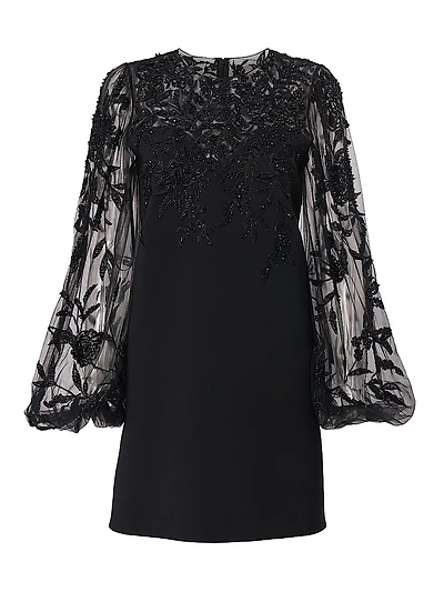 Embellished Lace Puff-Sleeve Cocktail Dress