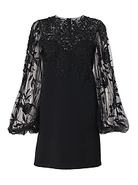 Embellished Lace Puff-Sleeve Cocktail Dress