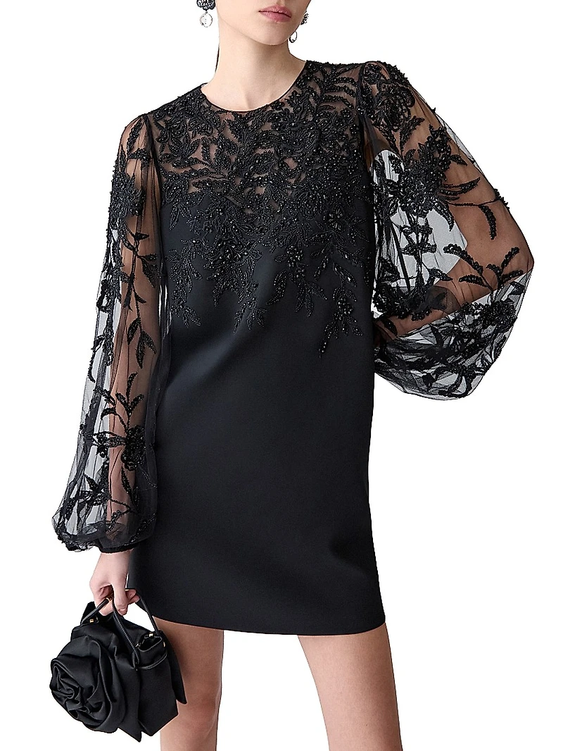 Embellished Lace Puff-Sleeve Cocktail Dress