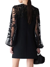 Embellished Lace Puff-Sleeve Cocktail Dress