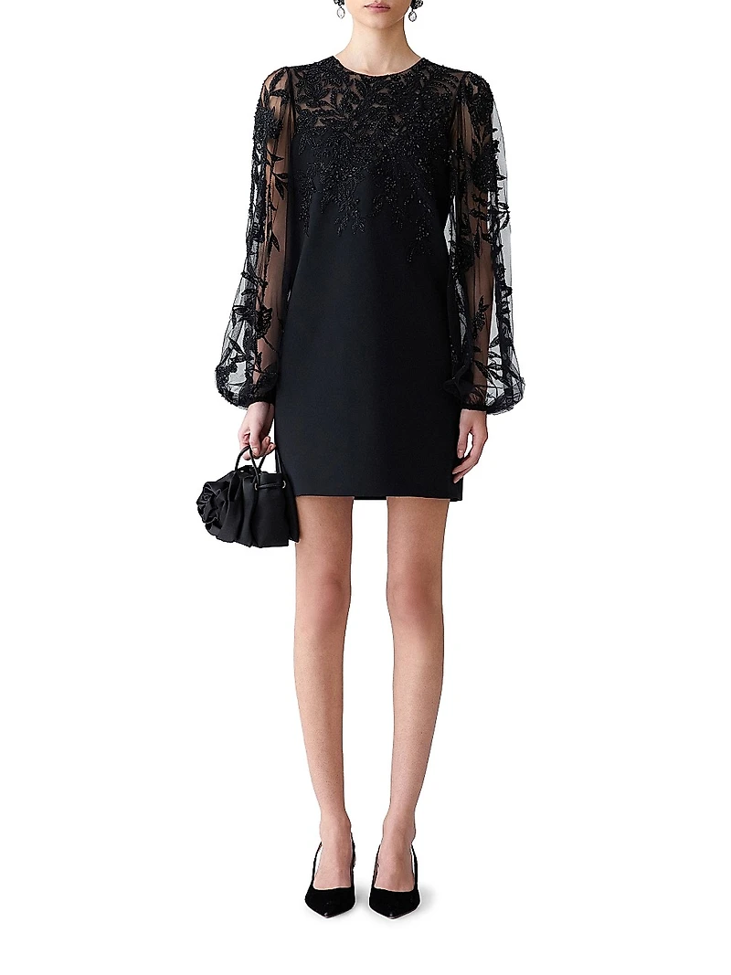 Embellished Lace Puff-Sleeve Cocktail Dress