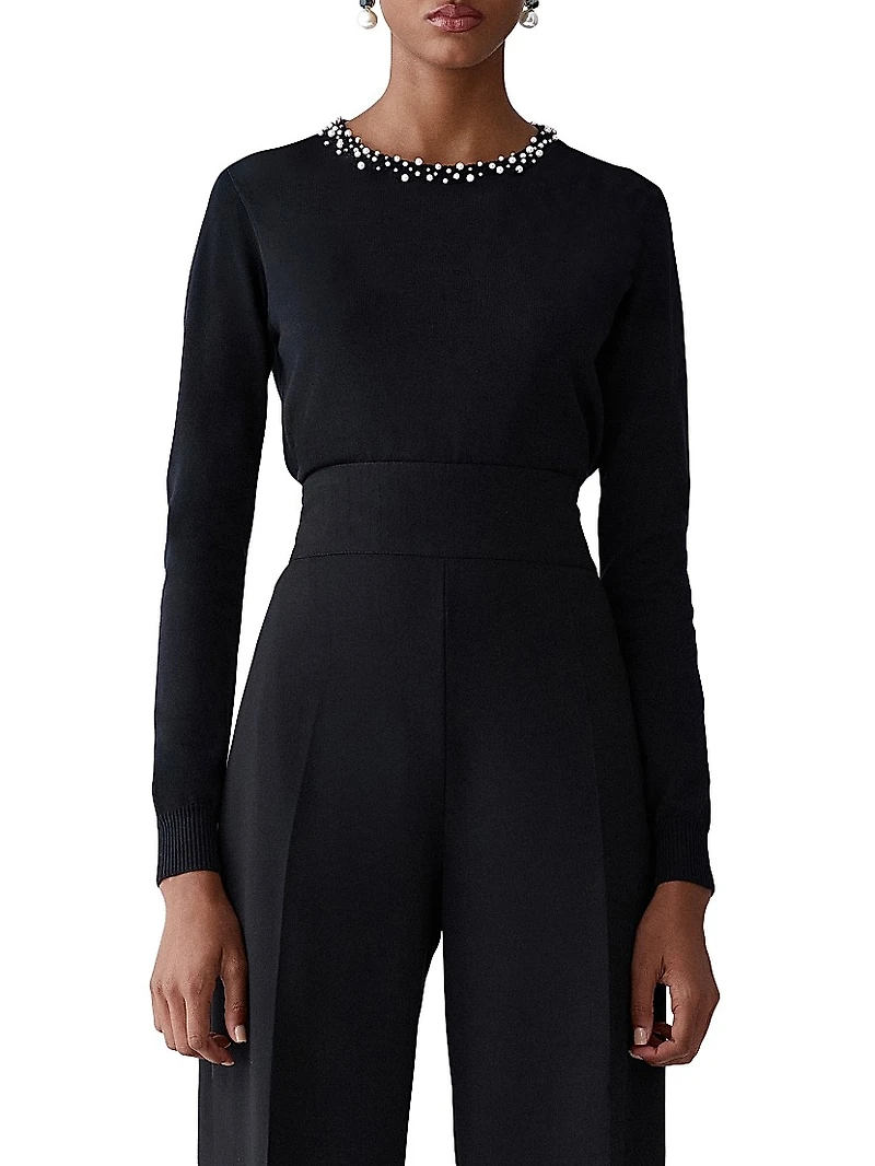 Imitation Pearl-Embellished Silk-Cotton Sweater