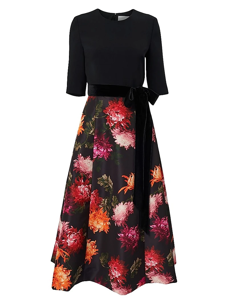 Chrysanthemum-Print Bow-Detail Cocktail Dress