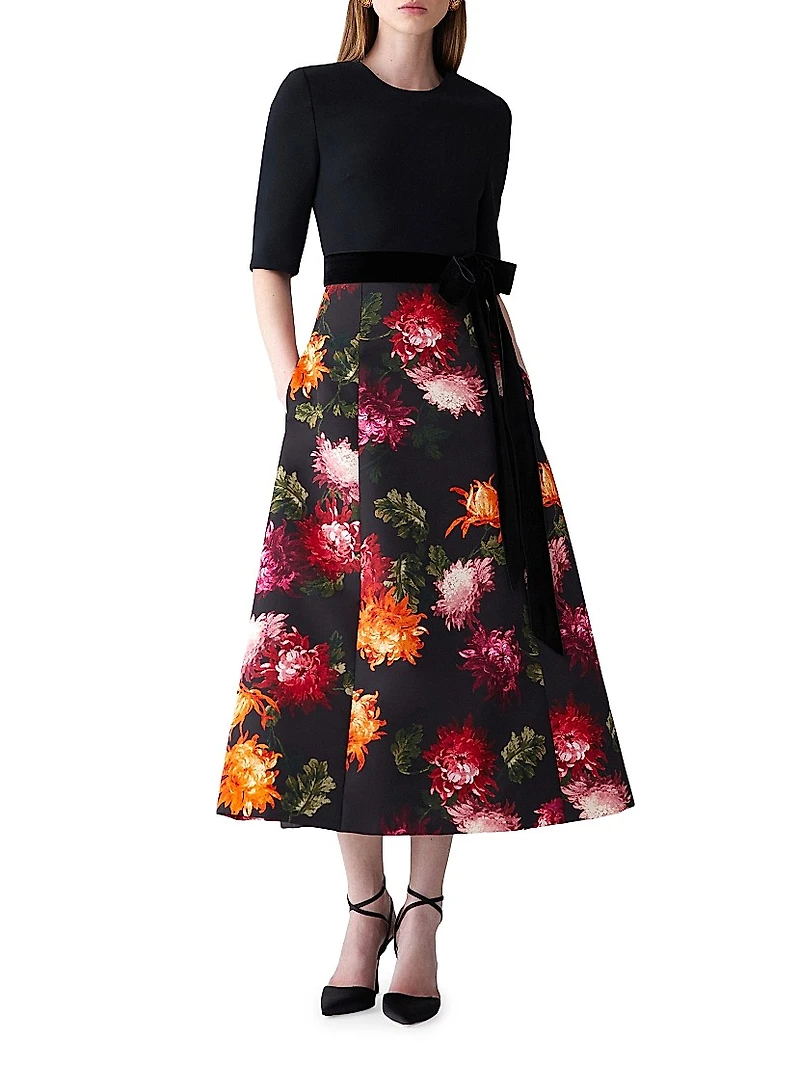 Chrysanthemum-Print Bow-Detail Cocktail Dress