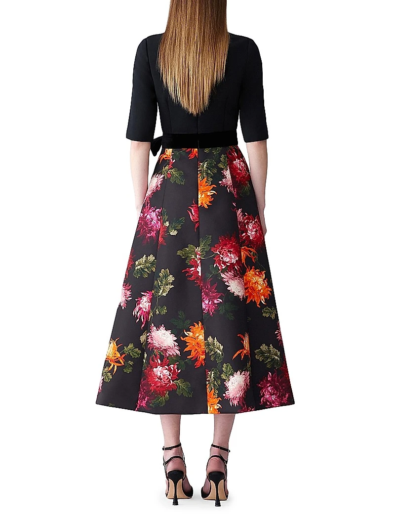 Chrysanthemum-Print Bow-Detail Cocktail Dress