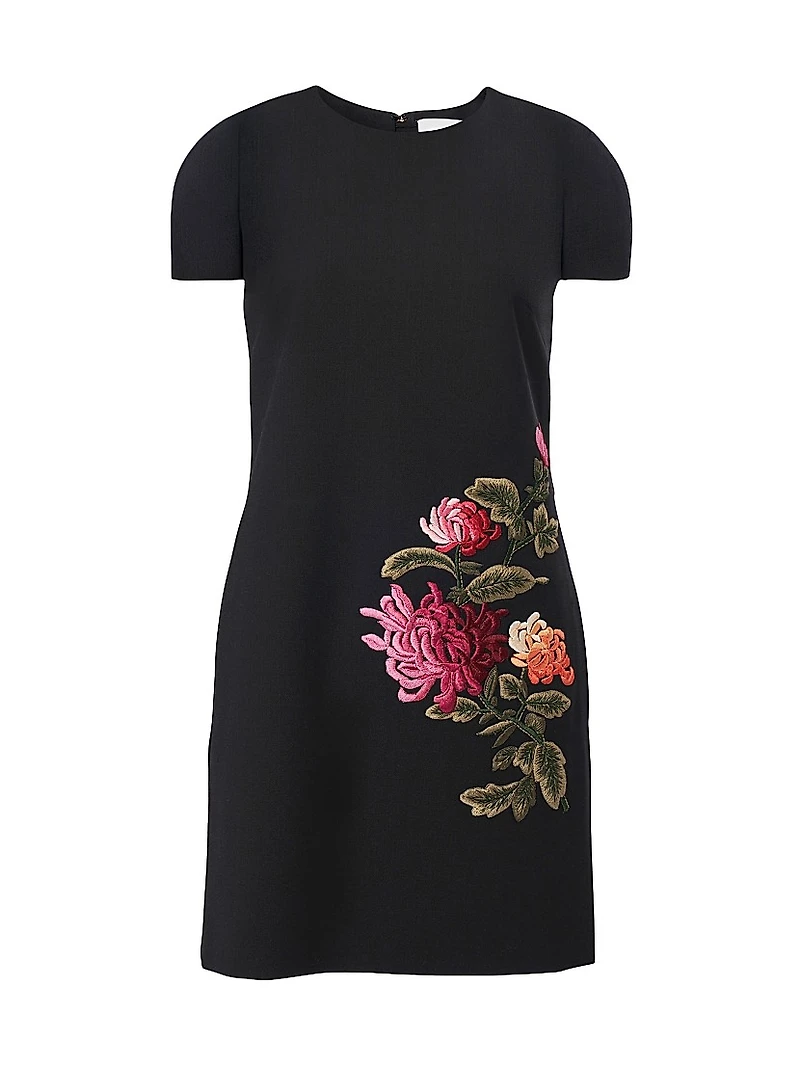 Chrysanthemum-Embroidered Stretch-Wool Minidress