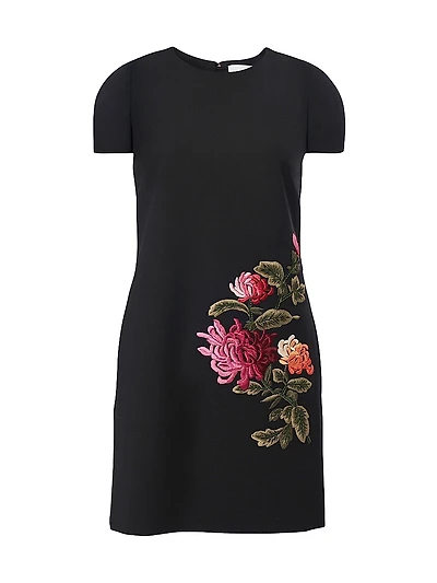 Chrysanthemum-Embroidered Stretch-Wool Minidress